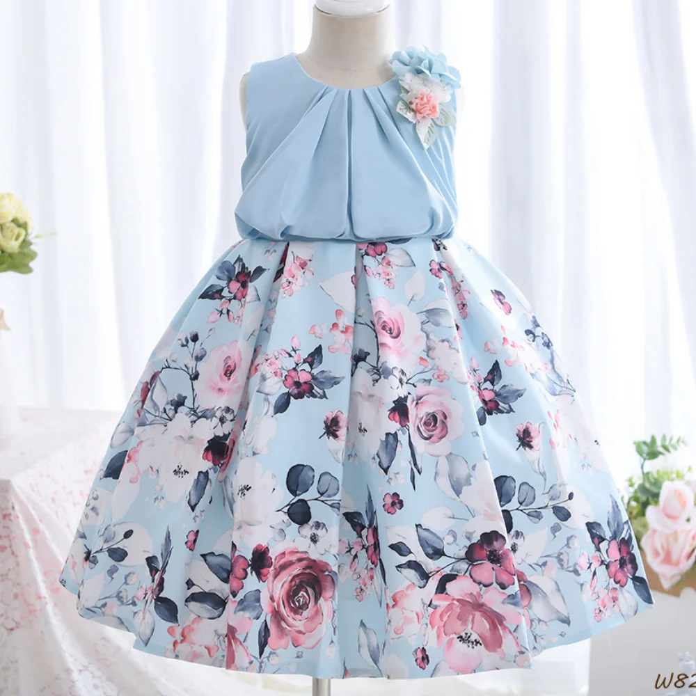 Girl's New Flower Print Patchwork Decal Sleeveless Princess Dress Birthday Party Wedding Flower Girl Fashion Cute Dress