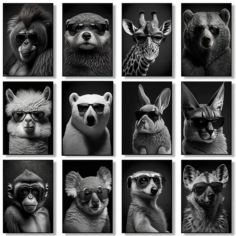 Cool Animals Wear Sunglasses Portrait Posters Canvas Painting Rabbit Monkey Lion Dog Black And White Wall Art Room Home Decor