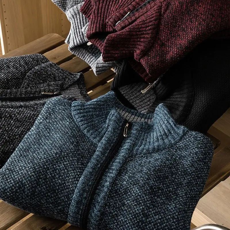

Thiened Fce Stand Collar Men's Knitted Sweater Color Zipper Casual Long Sve Leisure Pullover Winter Jaet
