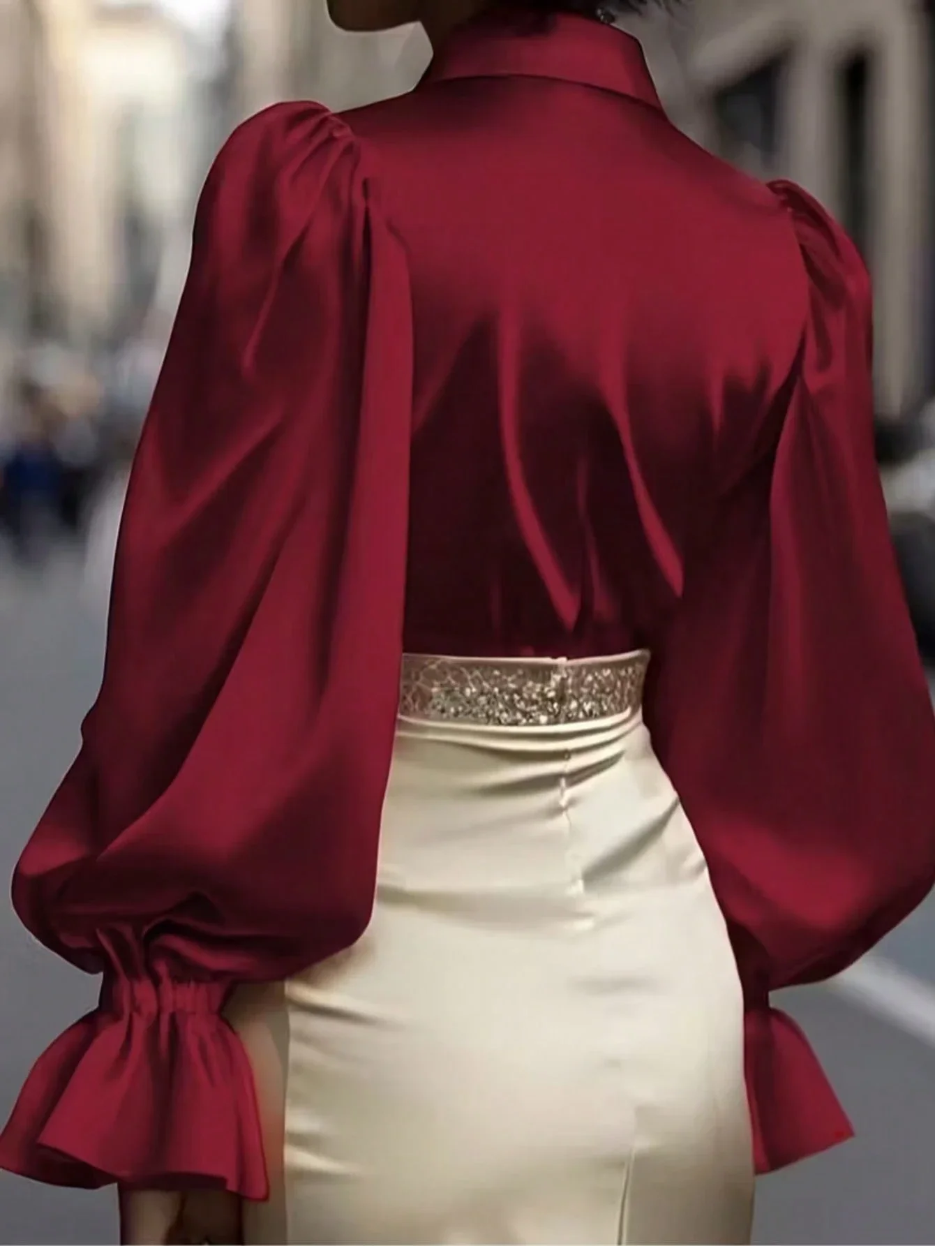 

Women's Satin Button-Down Shirt Long Sleeve Lantern Sleeve Loose Fit Casual Office Wear