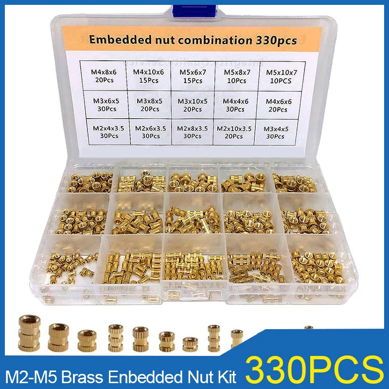 330PCS Knurled Brass Threaded Insert Nuts Set M2 M3 M4 M5 Brass Insert Nut Injection Molding Assortment Kit