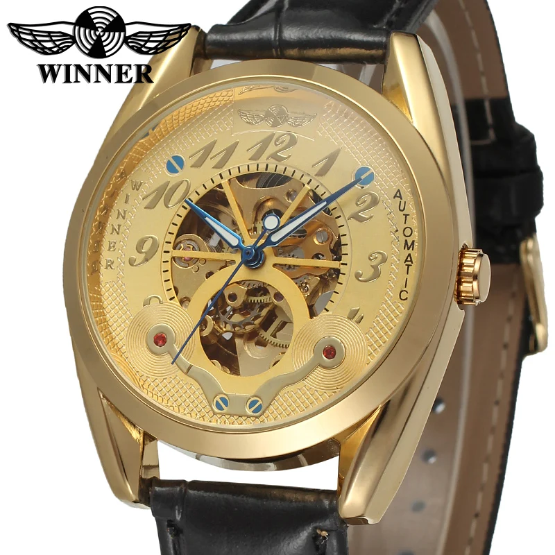 T-winner Mechanical Watch Gold hollowed-out Digital Mechanical Watch Round Black belt Blue hand Wrist Watch Watch Men's Watch