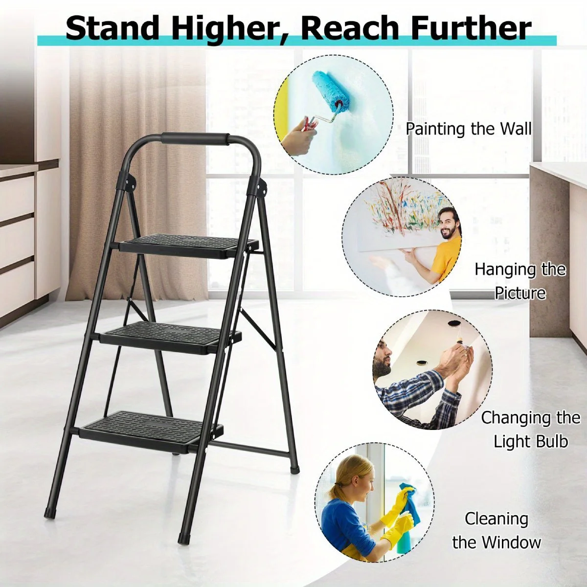

3-Step Folding Ladder Portable Stool Ladders Metal Heavy-Duty Stepladder 150kg Load Household w/Anti-Slip Pedal Handle Black