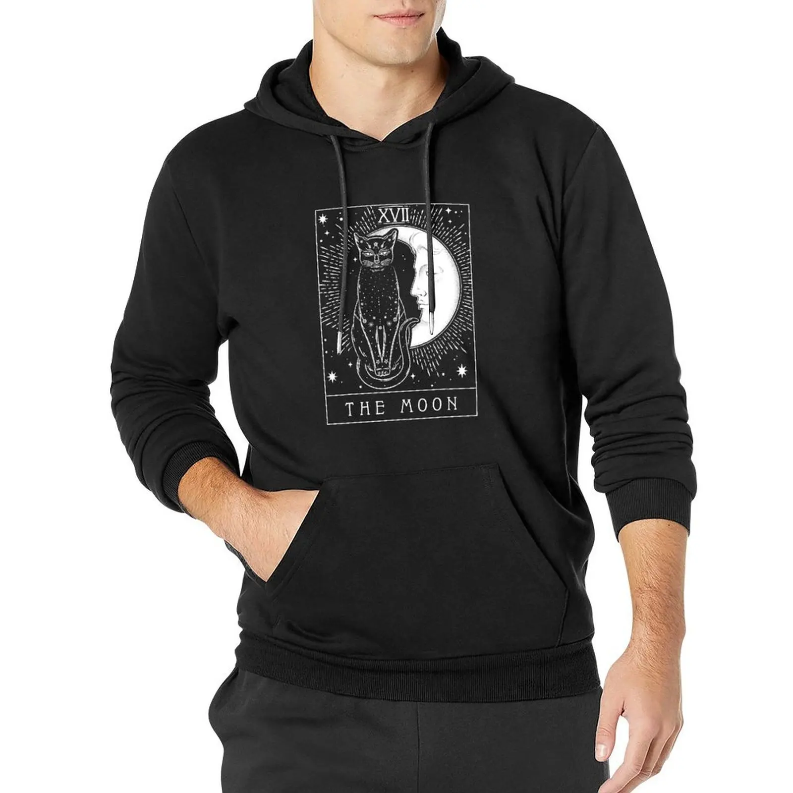 

Tarot Card Crescent Moon And Cat Graphic Pullover Hoodie blouse men's winter sweater man hoodie