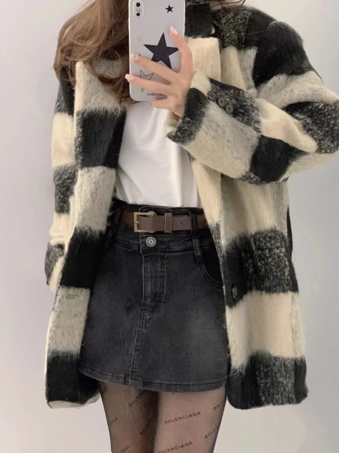 

Корейский шерстяной костюм в клетку Jaet, женское осенне-зимнее шерстяное пальто Хепберн в винтажном стиле средней длины