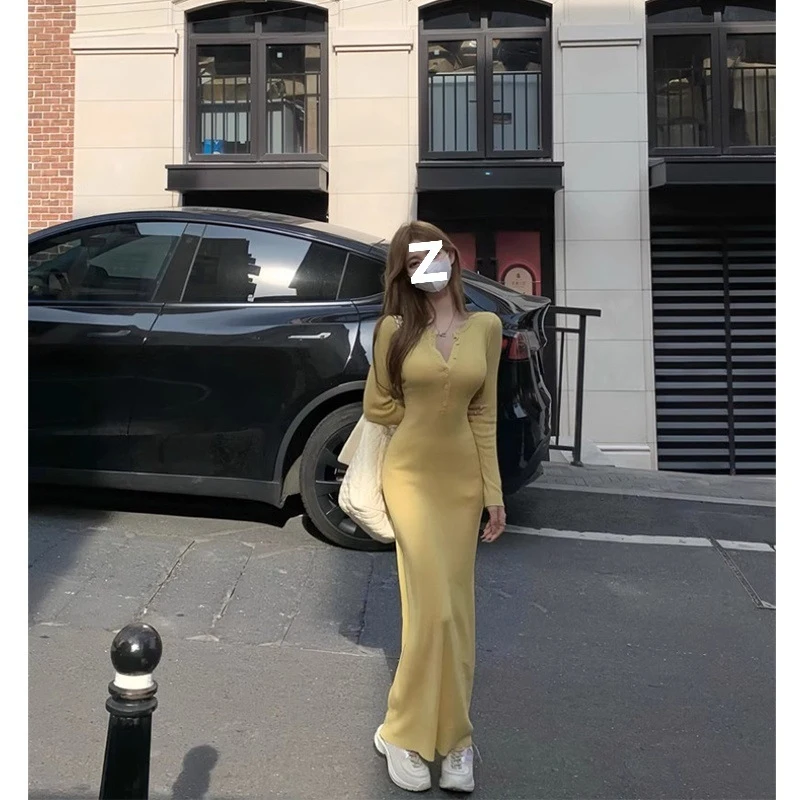 

French-Style Half-Open Collar Knitted Dress, Long-Sleeved, Waist-Cinching, Bodycon Fishtail Elegant And Slim-Fitting Long D