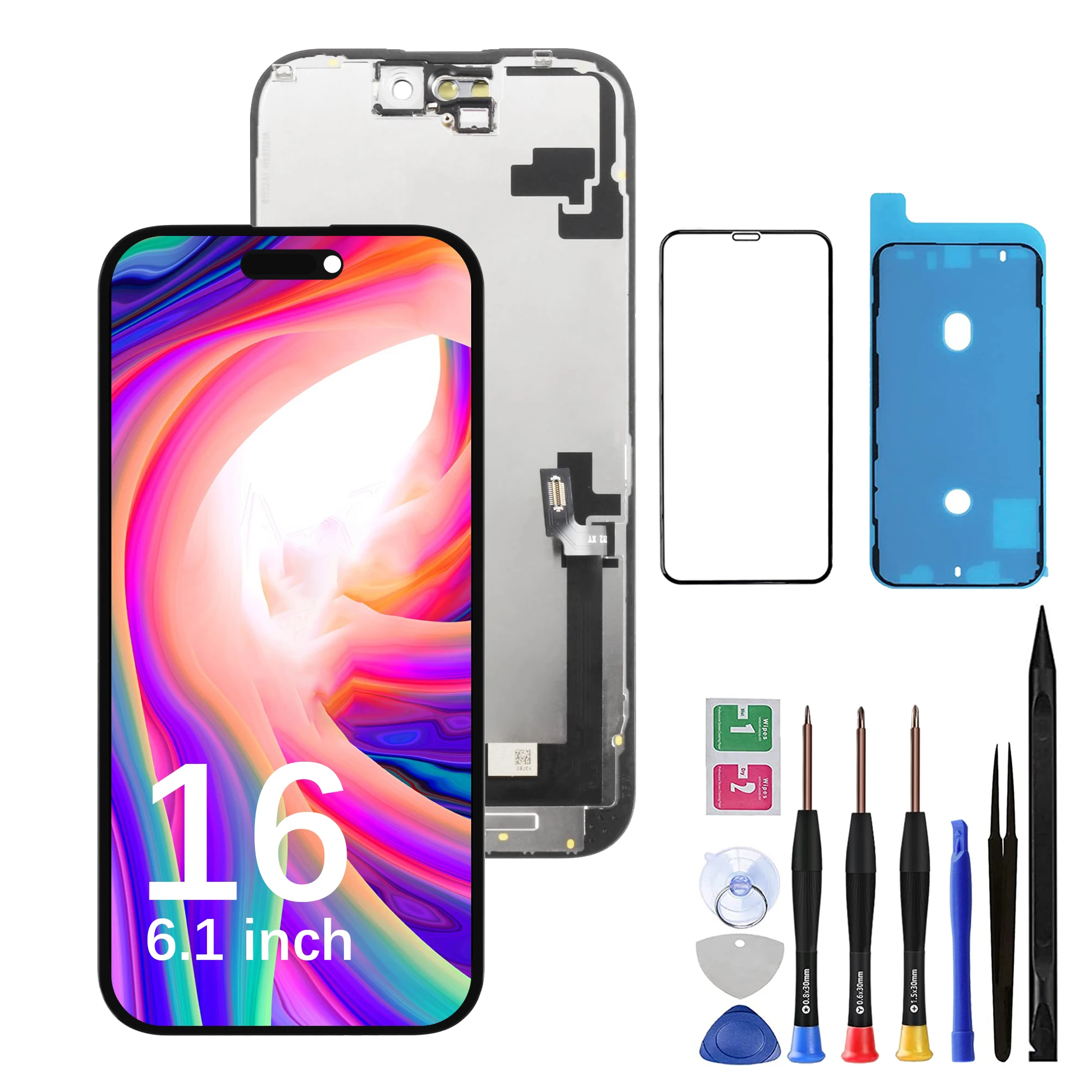 Screen Replacement for iPhone 16 6.1-inch LCD Touchscreen with Replaceable IC, Tools Included