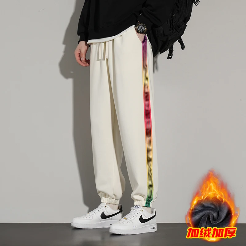 Men's Drawstring Elastic Waist Thick Sweatpants Autumn and Winter New Casual Striped Belted Pocket Loose Sports Straight Pants