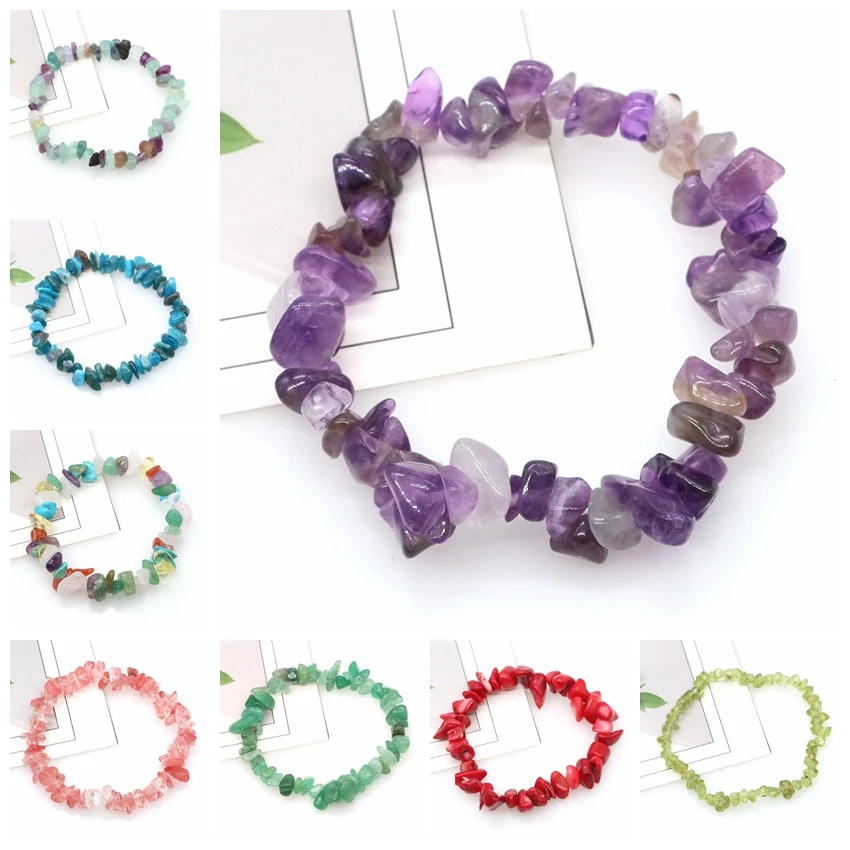 

Crystal Bracelet Irregular Stone Chip Natural Quartz Beads Jewelry Amethyst Aquamarine Gems Wristband Bangle For Women Man Gifts