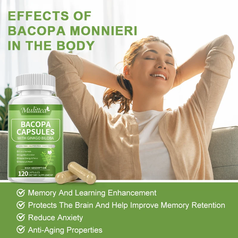 Mulittea Organic Bacopa Monnieri Supplement Supports Calm Cognition Brain Enhance and Increases Memory Focus Energy and Stamina