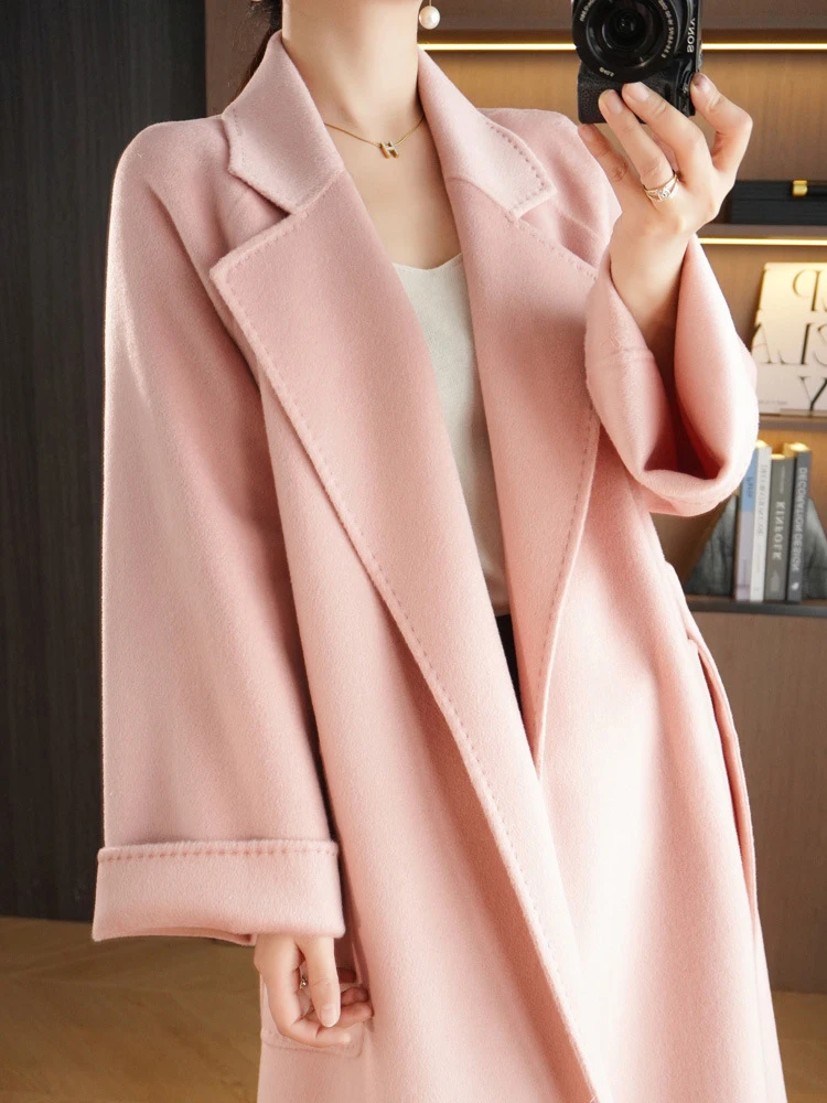 RosEvans High Quality Water Ripple Pink Double-sided Wool Jacket Belt Lapel Women coat Long Sleeve Long New Fashion Loose Coat