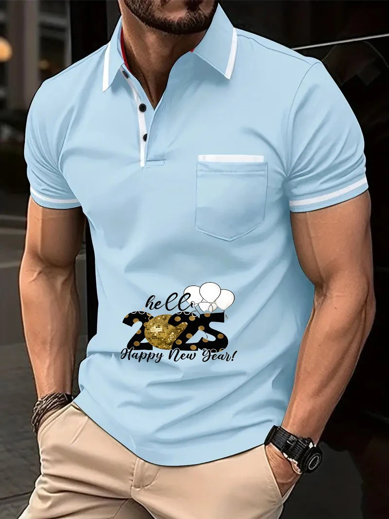 

2025 Men's summer fashion family casual polo shirt short sleeve clothing New Year creative pattern color pocket top