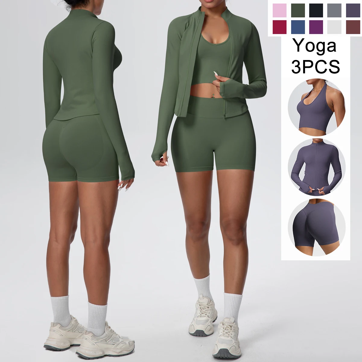 

Сплошной цвет, тонкий повседневный комплект для йоги для женщин, быстросохнущая молния с длинными рукавами, сексуальный бюстгальтер для йоги с подвесным воротником, фитнес-шорты, комплект для йоги