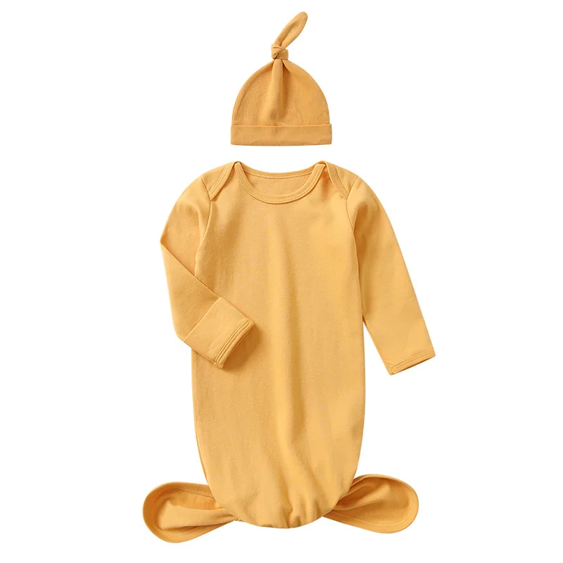 Baby Clothing Boys Girls Bodysuits 0 To 3 Months Knotted Gowns with Mitten Cuffs and Hat Cotton Outfits for Newborn Baby Clothes