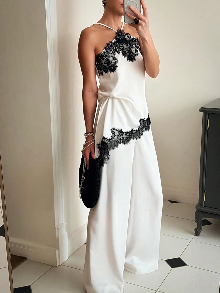 2026 Summer New Arrival: Women's Casual and Elegant Lace-Panel Satin Halter Top with Asymmetrical Hem