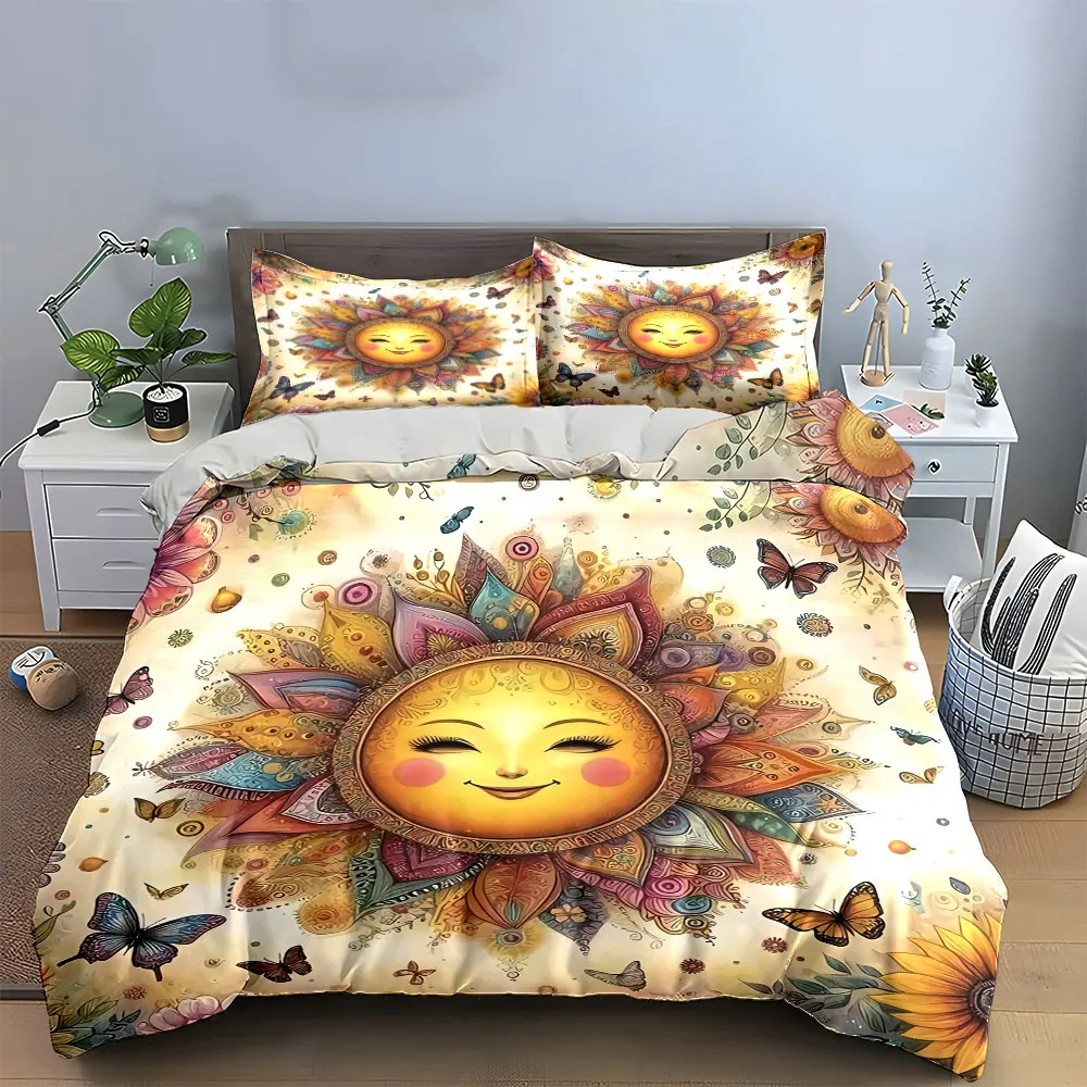 3Pcs Whimsical Boho Bedding Set, Smiling Sun Mandala with Butterflies and Sunflowers Print Duvet Cover, cute Bedroom Decor