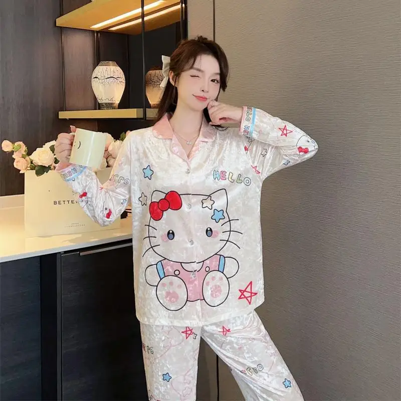 

Золотой бархатный зимний пижамный комплект Miniso Girl Kawaii Hello Kitty Comic, сохраняющий тепло, не удаляет мяч, носить вне одежды для отдыха