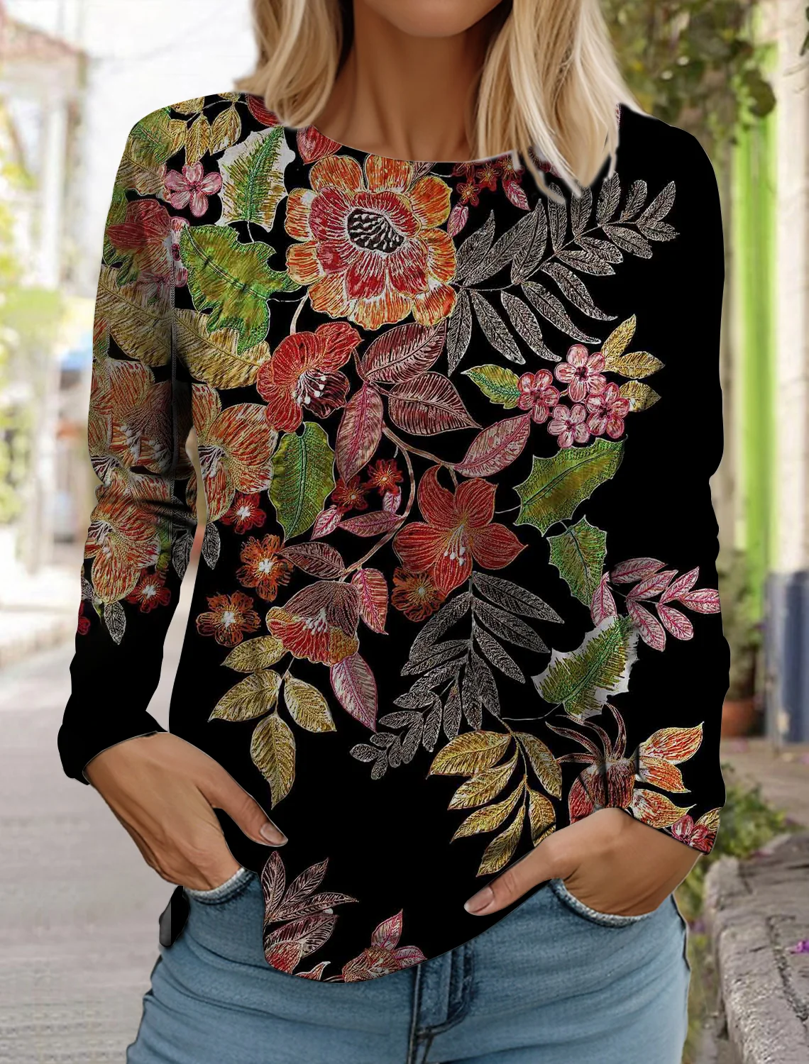 Women's white long-sleeved tops round neck casual tops 3d printed flowers fashion stickers printed women's long-sleeved T-shirt