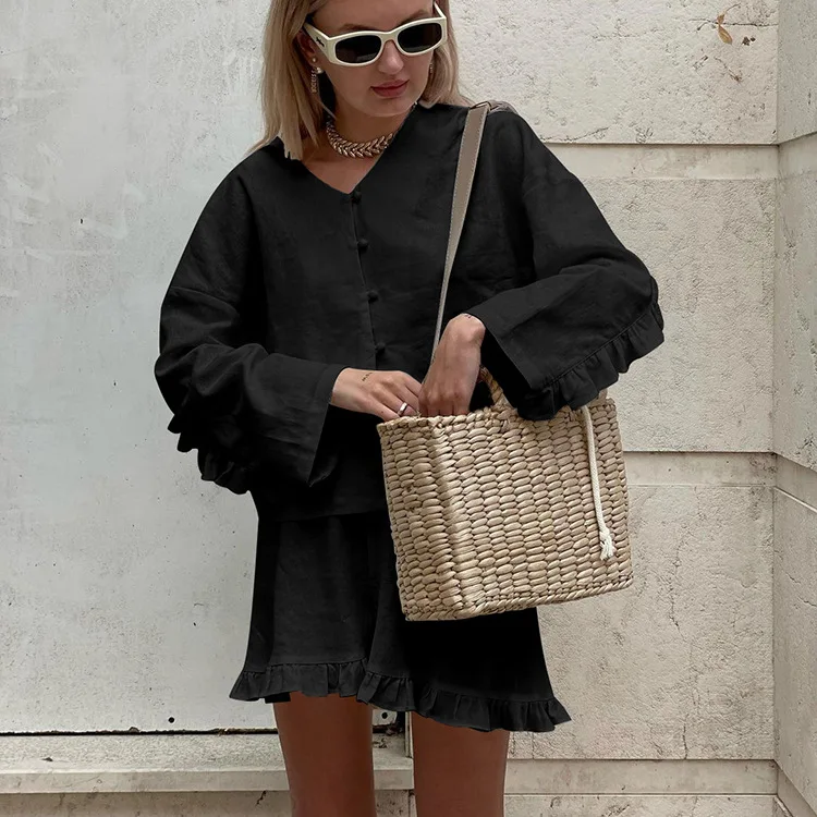 

Women's White Linen Blend Two Piece Outfit V Neck Button Down Blouse and Ruffle Hem Shorts Set for Summer Wear