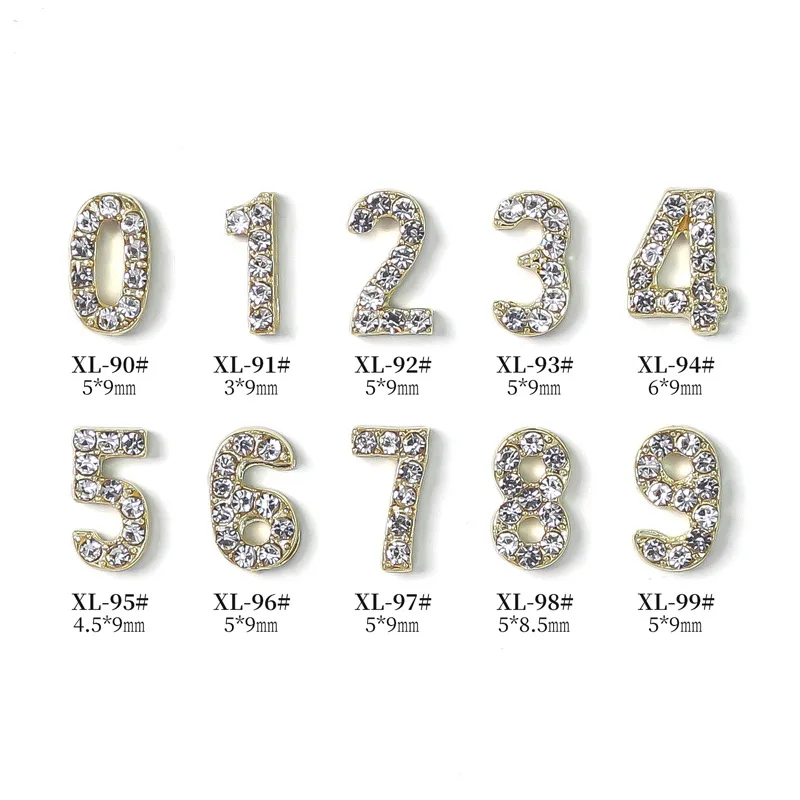 10Pcs 3D Glitter Volledige Diamanten Ingelegd Nummer 0 Tot 9 Alloy Nail Art Rhinestones Sieraden Decoraties Manicure Telefoon Case charms