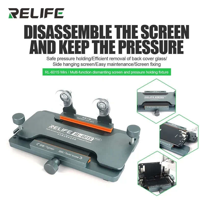 

RELIFE RL-601S Mini 3 in 1 Multifunction Dismantling Screen and Pressure Holding Fixture Back Cover Removal Phone Repair Tools