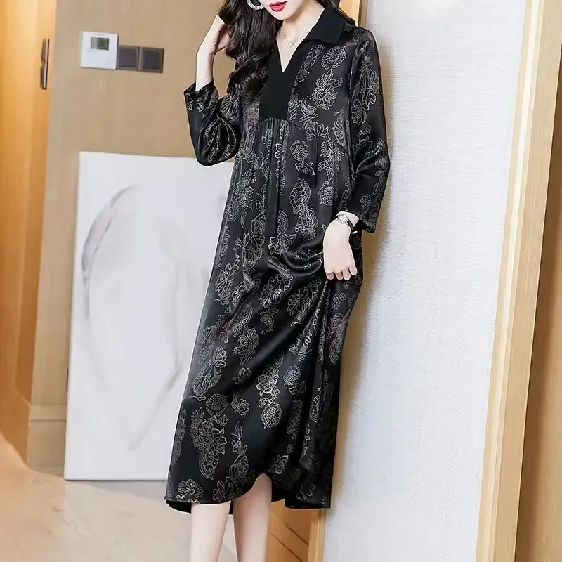 Turn-down Kraag Gesplitste Jurken Vrouwelijke Kleding Vintage Bloemen Gedrukt Lente Zomer 3/4 Mouwen Losse A-lijn Lange Jurk JJ18