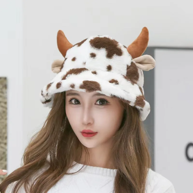 Cute Cow Horn Cow Pattern Bucket Hats Autumn Winter Plush Thickened Warm Pot Hat Outdoor Leisure Barrel Cap Panama Hat