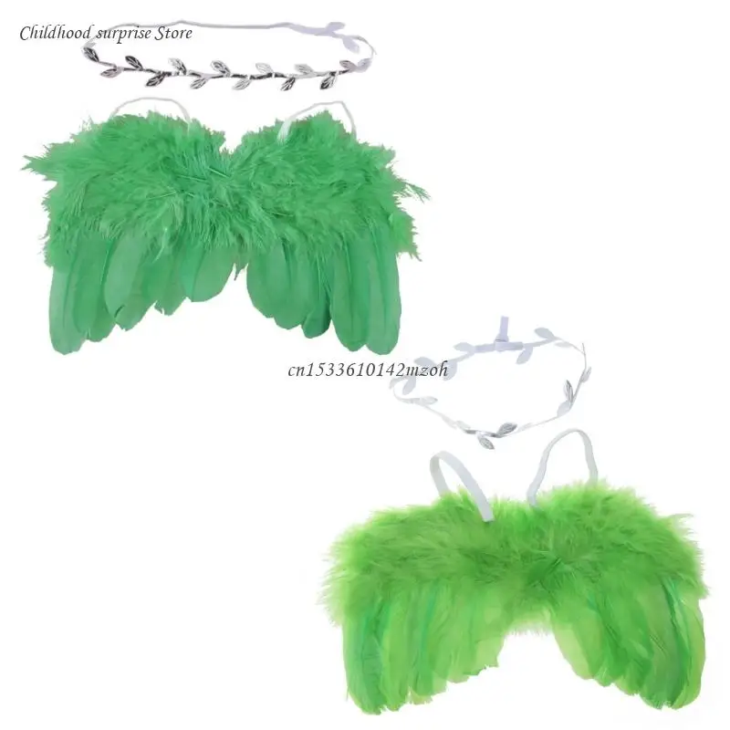 Angel Feathers Wings Photo Props with Leaves Headband White Infant Angel Wing Hairband Photography Props Costume Dropship