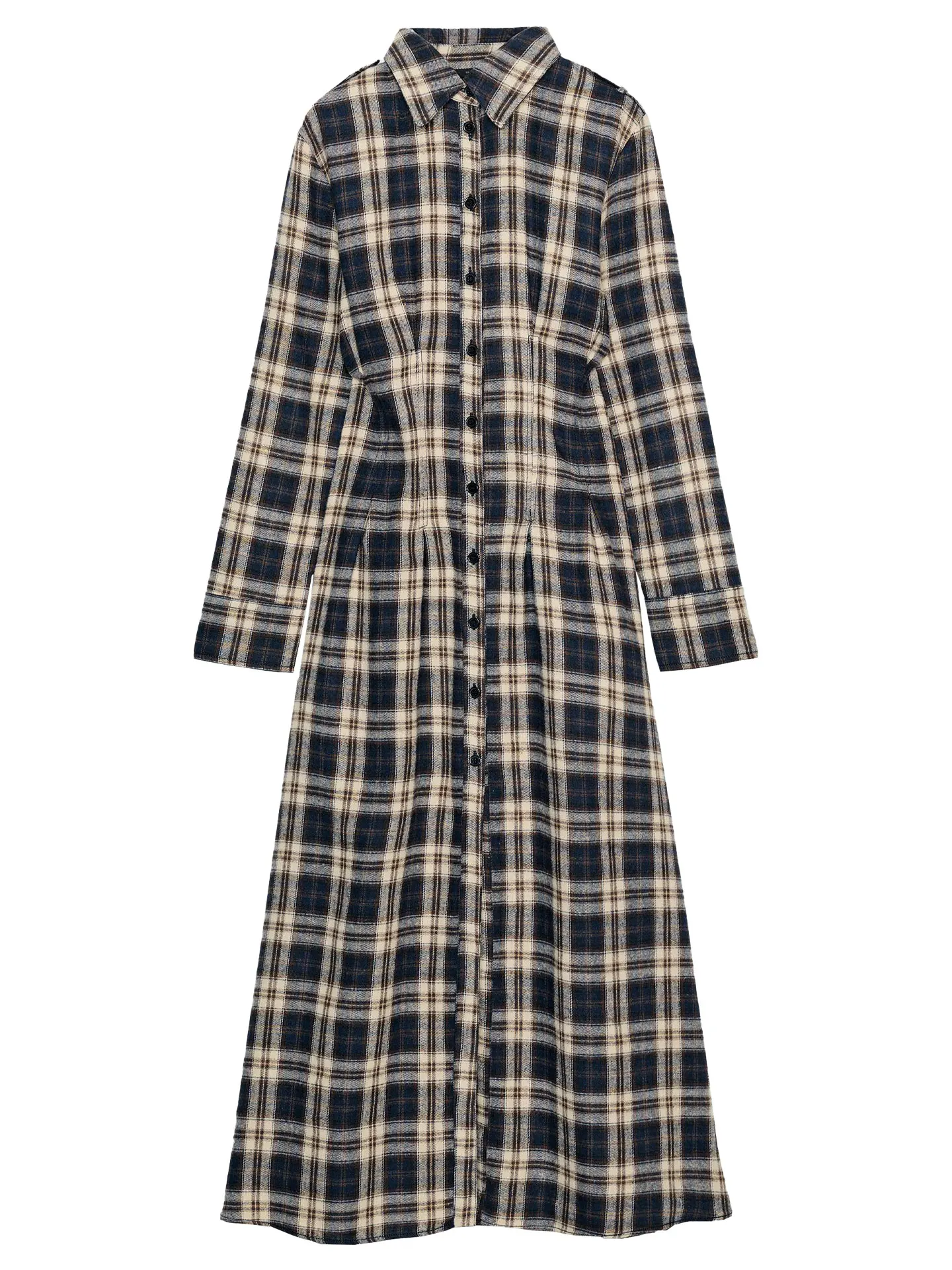 Zimowa sukienka midi z długim rękawem, plisowana, w kratę, z podkreśloną talią, elegancka, długa, codzienna, z wysokim stanem, zapinana na jeden guzik.