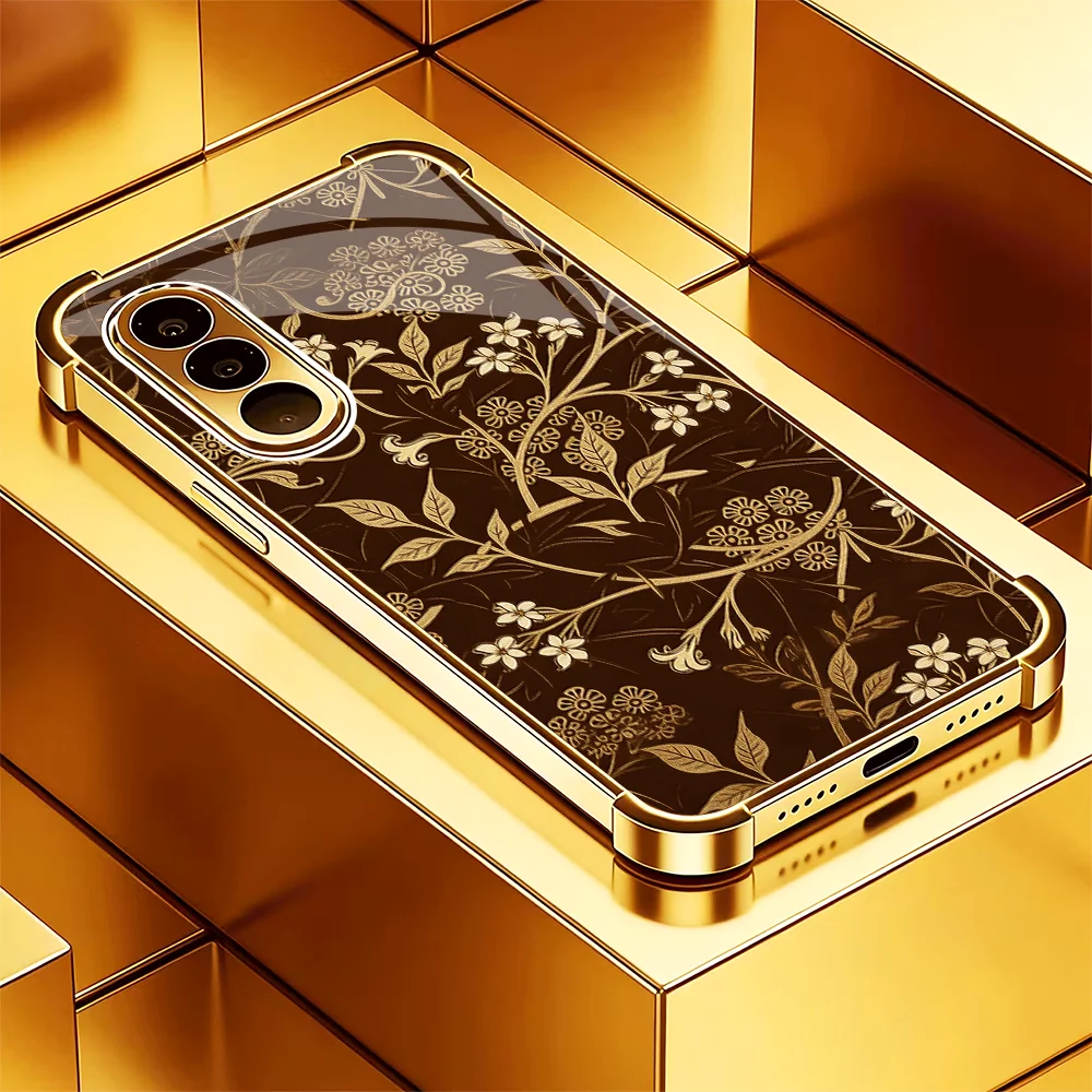 Aesthetic Dark Gold Floral Glass Phone Case for Samsung Galaxy S26 S25 S24 S23 S22 Ultra FE Plus Four Corners Shockproof Cover