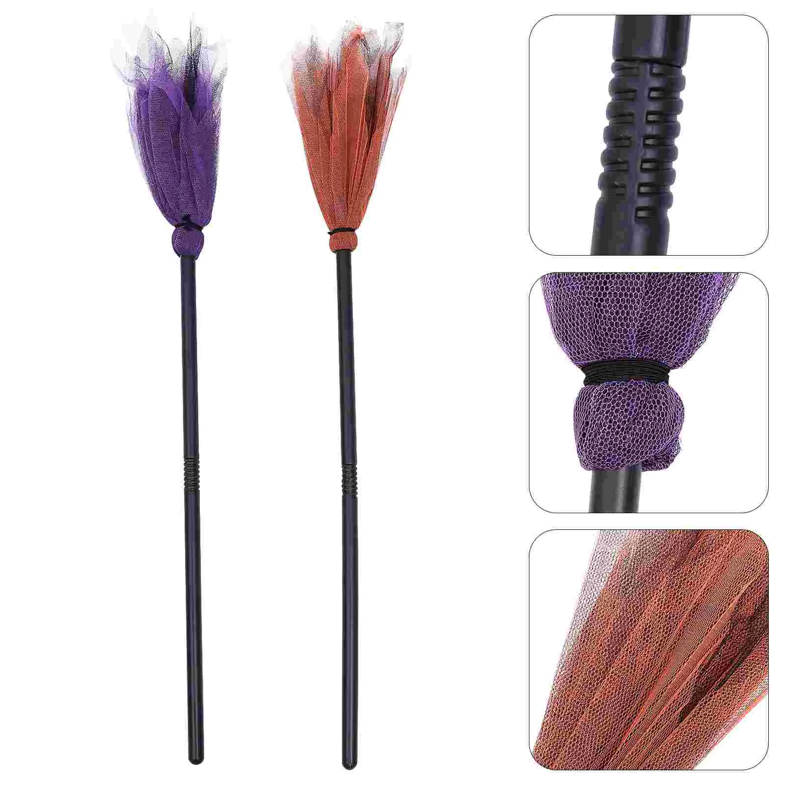 2pcs Halloween Witch Broom Decorative Props Plastic Mesh Material Vivid Party Supplies Kids Masquerade Stage Background