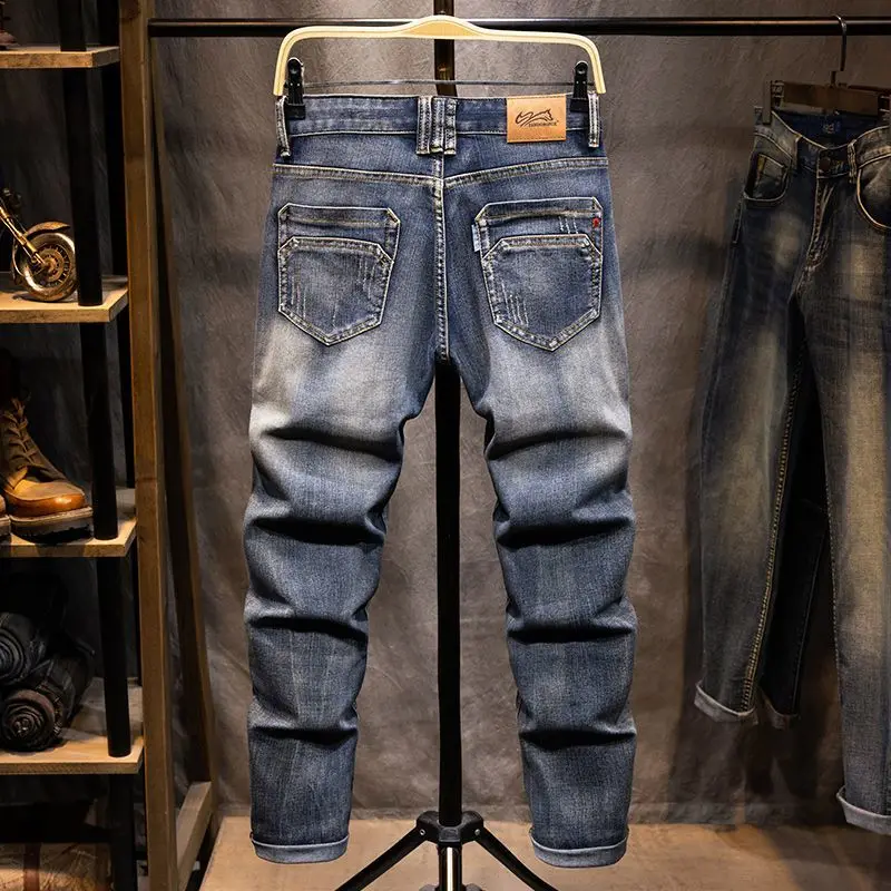 Roupas de marca retro 2025 outono novos jeans masculinos fino-ajuste em linha reta lavado versátil roupas masculinas calças elásticas de tamanho grande