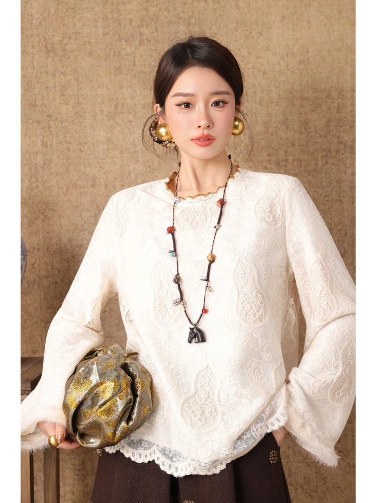 

Женская рубашка Dangdang Somes с длинным рукавом, вышивкой, меховыми манжетами из кроличьего меха, кружевным декором в форме тыквы, дышащая, из хлопка