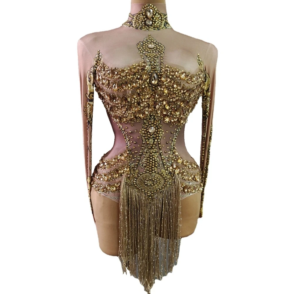 Gold Crystals Fringes Leotard Women Rhinestones Performance Dance Costume Stage Wear  Sexy Tassel Bodysuit Club Outfit