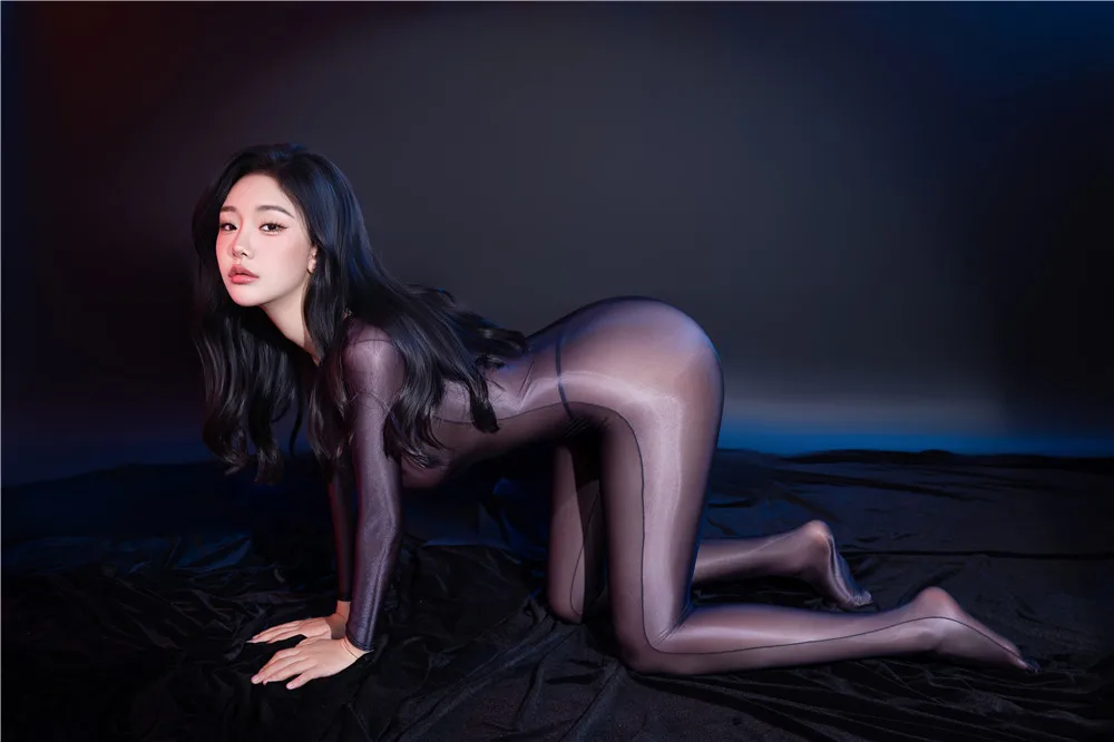 

Sexy Women Sheer See Through Oil Glossy Elastic Bodysuit Bodycon One-piece Thong Silky Tights Jumpsuits Cosplay Maid Leotard
