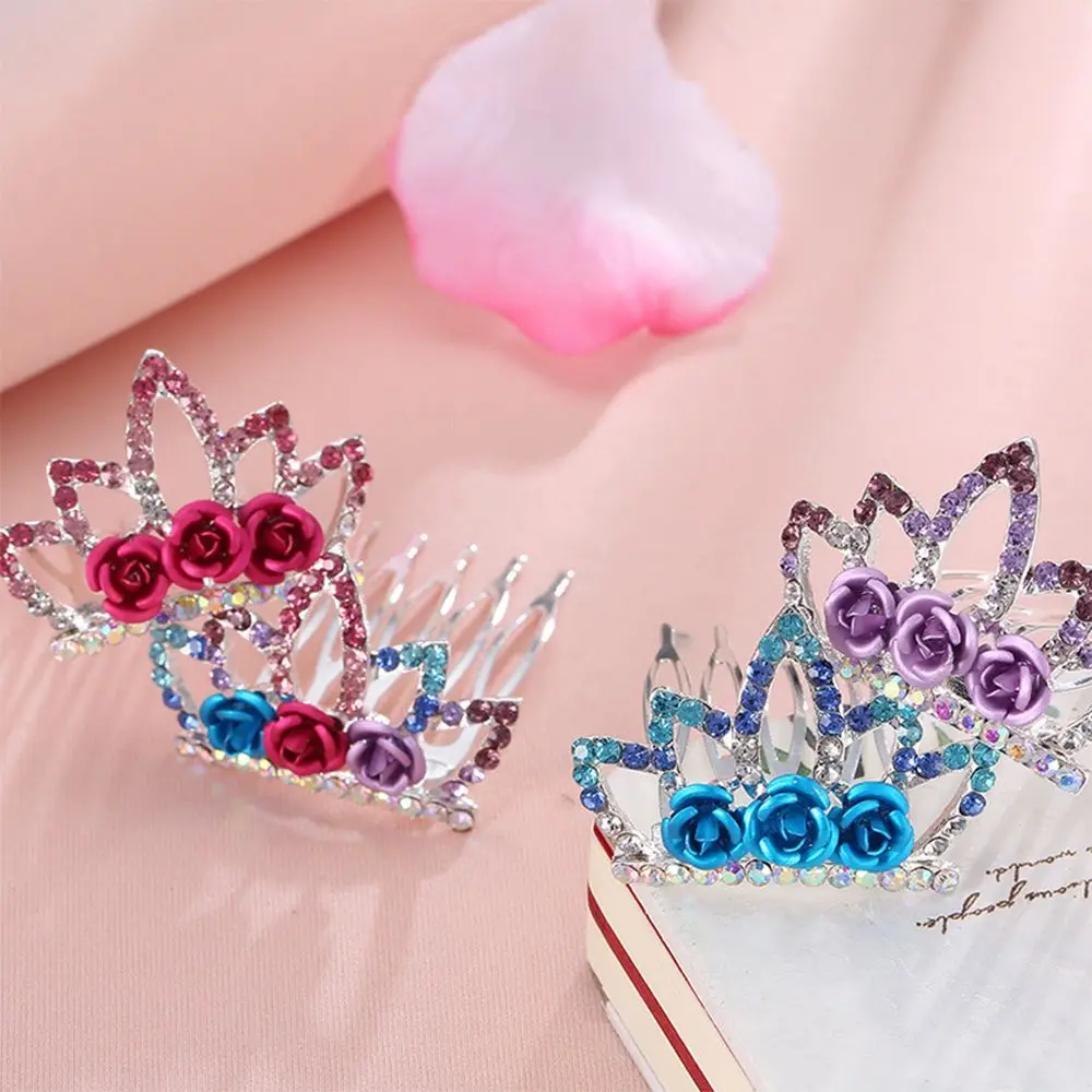 Rose Flower Girls Fashion Princess Hairclip Crystal Rhinestone For Girls Kids Gift Hair Jewelry Crown Hairpin Hair Comb