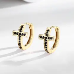 Ins Black Stone Cross Round Hoop Earrings For Women Men Gold Color Zircon Tiny Ear Buckle Wedding Party Versatile Jewelry Gifts