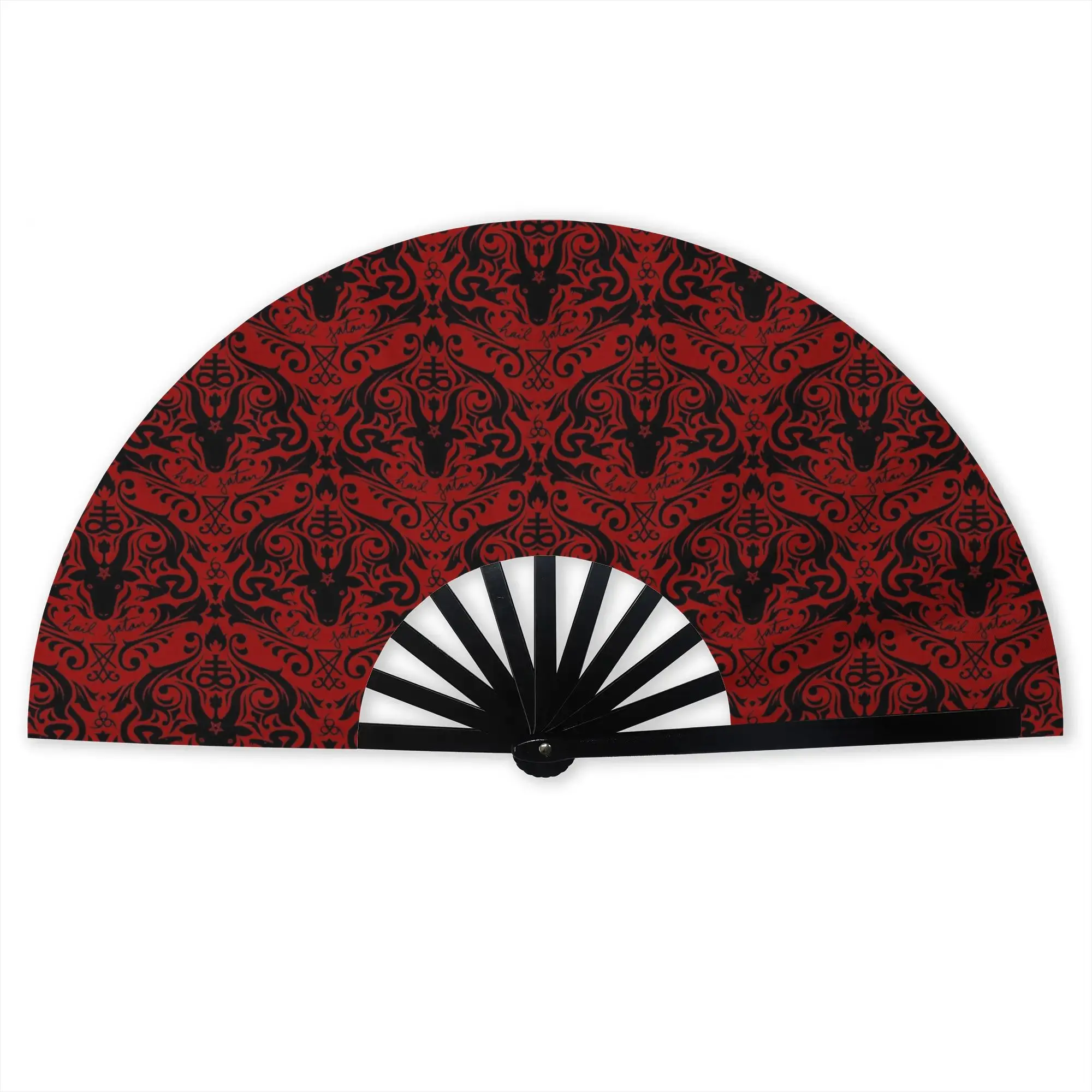 Baphomet Damask  Hail Satan Black Red Default  Portable Pocket Fan Camping Devil Satanic  Folding Fan Cooling Handheld Fans