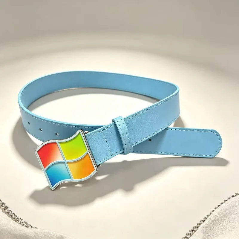 Belt 2000s Y2K Retro Windows Belt Vista Alloy Four-color Logo Buckle Vintage Computer Desktop Print PU Waist Belt for Streetwear