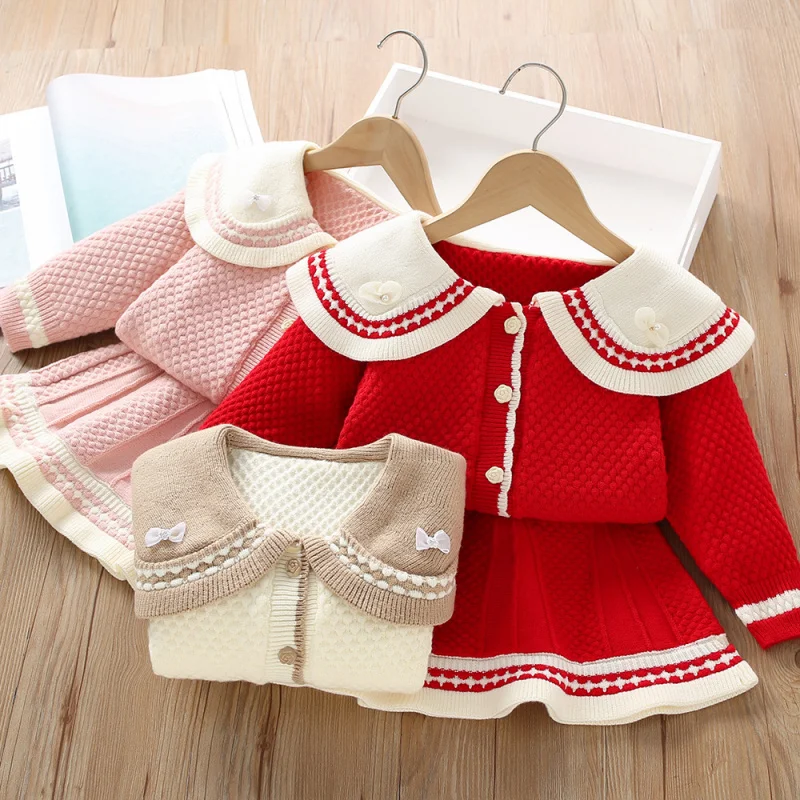 Girls Sweater Set Autumn Winter New Fashionable Baby Girl Stylish Knitted Long Sleeve Cardigan Two-Piece Set