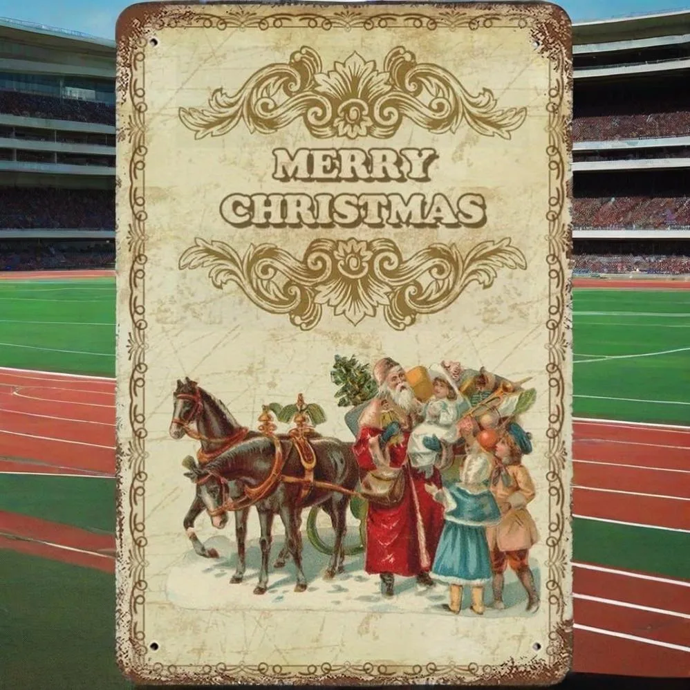 2D flaches viktorianisches französisches Weihnachts-Metallschild – Vintage-Weihnachtsmann- und Pferdegezeichnetes Schlitten-Design |   Text „Merry Christmas“.
