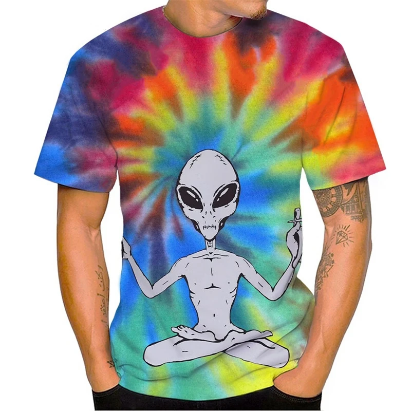 Summer Funny Alien Tie Dye 3D Print T-Shirts Men Women Fashion Streetwear Oversized Short Sleeve T Shirt Kids Tees Tops Clothing