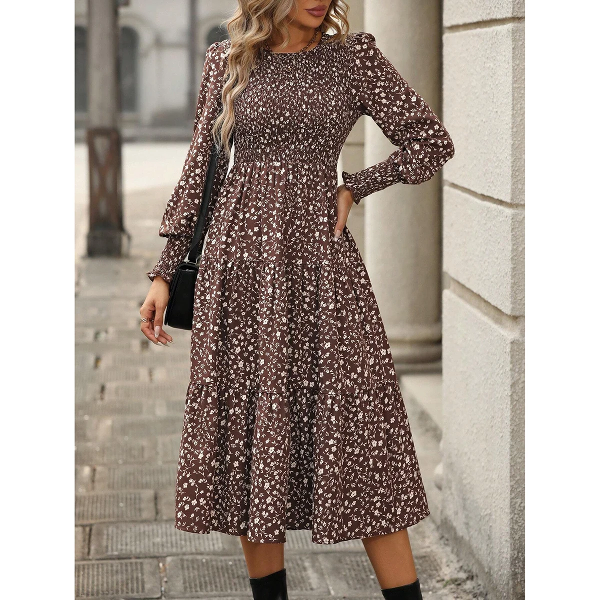 Mia Muse-Robe à fleurs pour femme, coupe couvertes, manches longues, col rond, mode française, toutes saisons