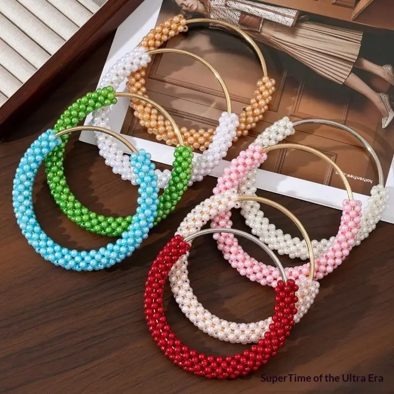 DIY Pearl Beaded Handbag Handle Round Metal Ring Braided Colorful Beads Purse Handle for Women Bag Making Handmade Accessories