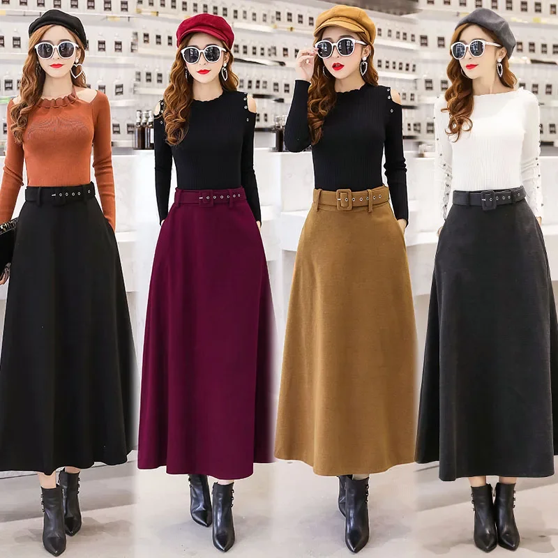 

Winter Woolen Maxi Skirts for Women Vintage with Belt High Waist Long Skirt New Fashion Streetwear A-line Solid Jupe Femme A225