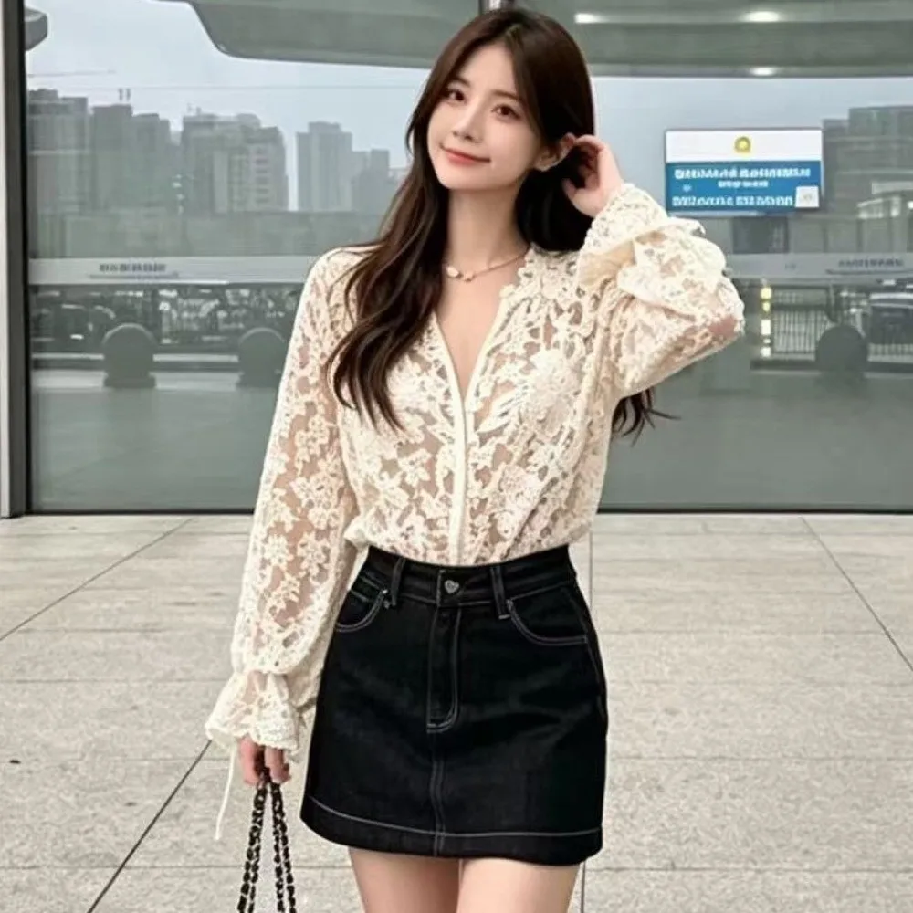 Hollow Out Lace Printed Shirt Flared Long Sleeve Embroidered See Through Mesh Shirt Slim Fit V-Neck Lace Blouse Casual Wear