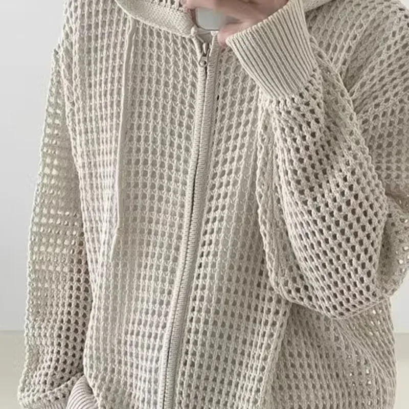 Mesh Hollowed Out Knitted Hooded Long Sleeved Jacket Summer Fashionable Solid Color Loose Cardigan Korean Casual Neutral Jacket