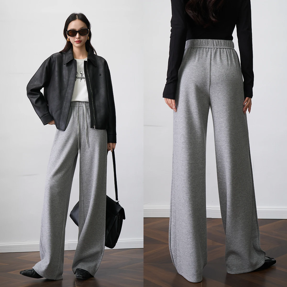 OLrain Women's Grey Straight Leg Pants 2025 Autumn LElastic Waist Drawstring Drape Trousers Casual Versatile Bottoms O57DK001910