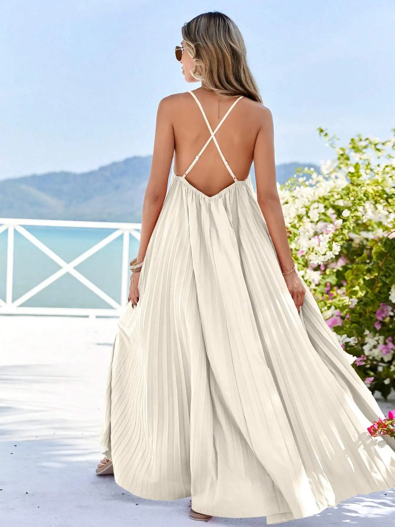 

Women's Backless Pleated Maxi Dress with Crisscross Straps, Summer Beach Vacation Outfit