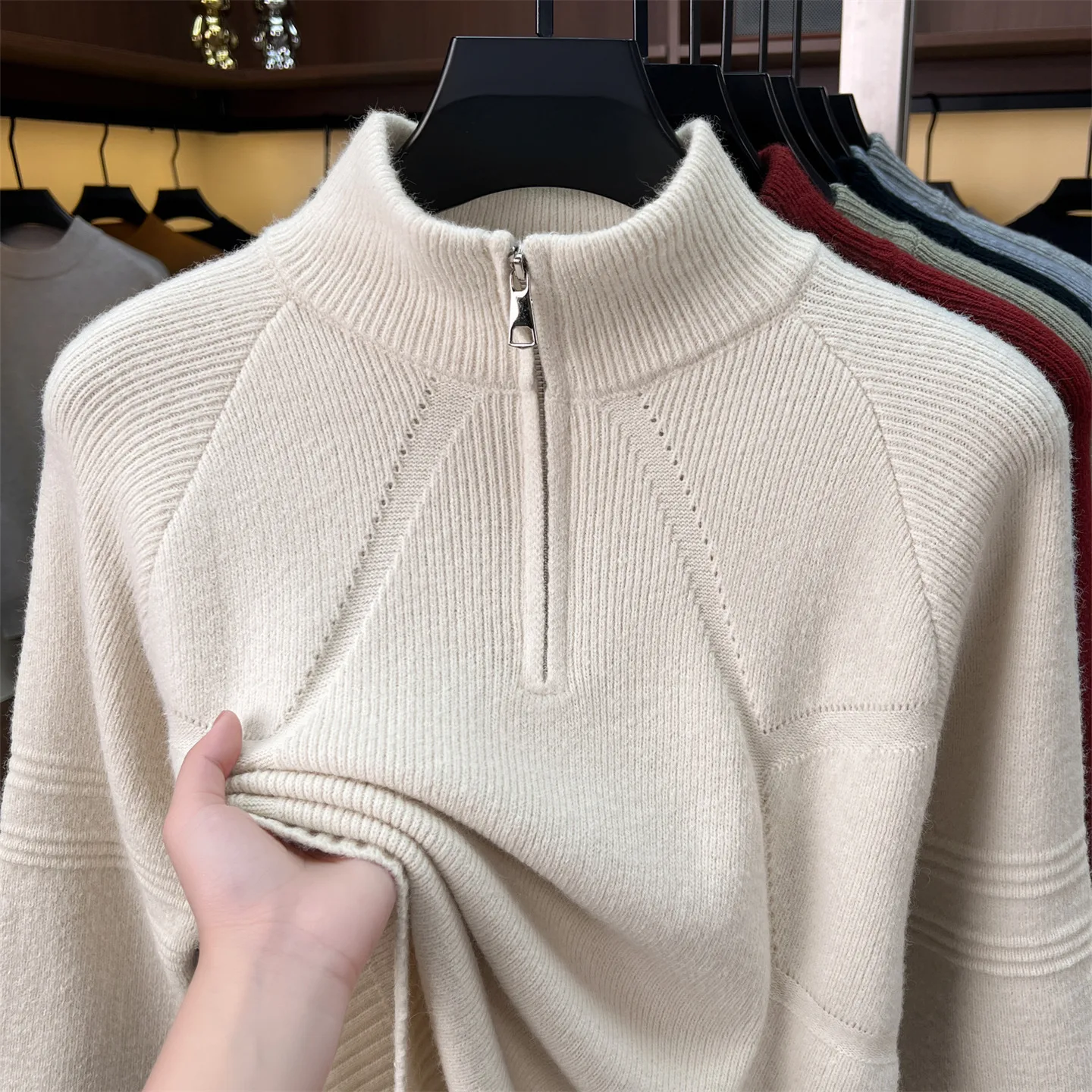 Luxury half zipper solid color knitted pullover men's autumn winter new fashion design soft comfort casual stand collar sweater